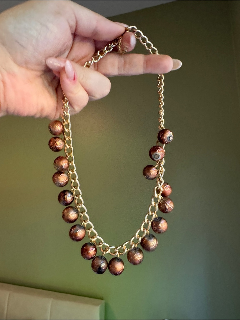 Gold Chain Necklace with Bronze Bead Drops - Women Jewelry